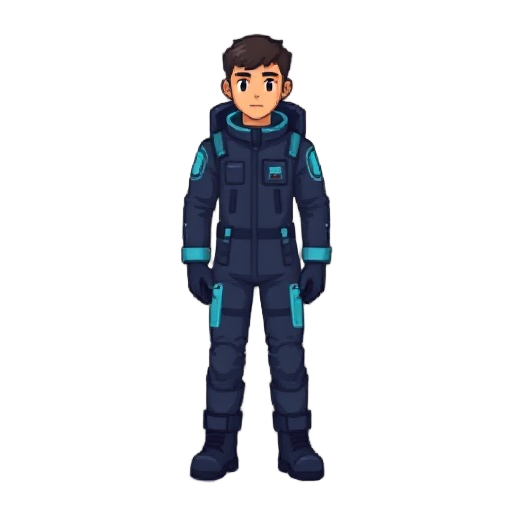 pixel-art , space engineer in a dark-blue jumpsuit with light-blue pixel accents. no helmet or tools. simple short hair, calm face, and sturdy boots — all in stardew valley style.