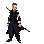 he is wearing black baggy pants and a long black trench coat. he has short hair and a stubble beard. he has a katana on his left side. his left arm and left eye are missing