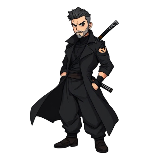 he is wearing black baggy pants and a long black trench coat. he has short hair and a stubble beard. he has a katana on his left side. his left arm and left eye are missing.