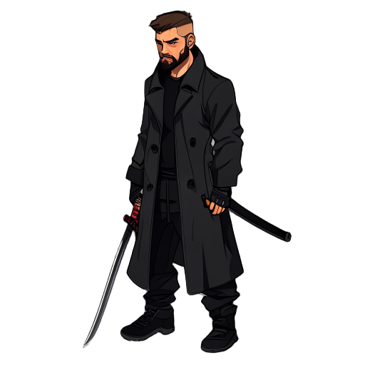 he is wearing black baggy pants and a long black trench coat. he has short hair and a stubble beard. he has a katana on his left side. his left arm and left eye are missing