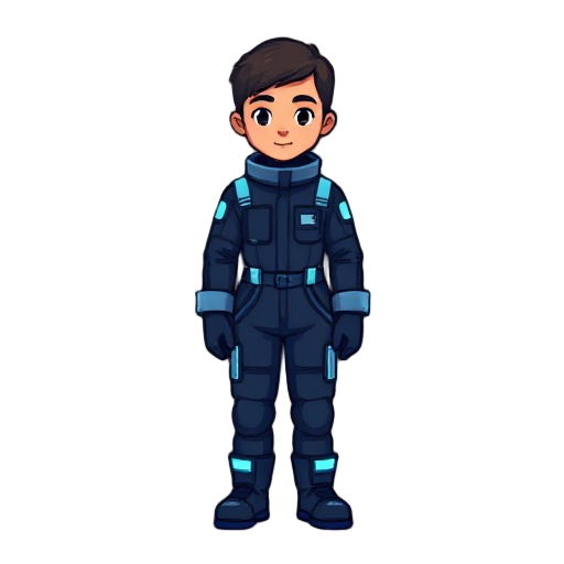 a space engineer in a dark-blue jumpsuit with light-blue pixel accents. no helmet or tools. simple short hair, calm face, and sturdy boots — all in stardew valley style.