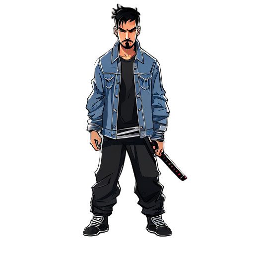 he has black baggy pants and a long denim jacket, he has no left eye or arm, his hair is short and he has a stubble, he has a katana on his left side