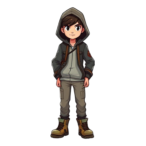  237 / 5.000 adventure-style character for a platform game. the character must be young, with a hooded jacket, light pants and boots.