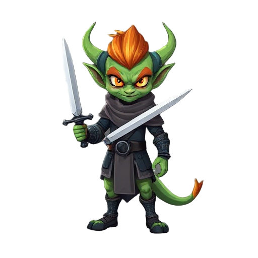 faz um goblin legal que tem um cabelo de cobre os olhos, espada cibernética, roupa de gladiador com um cinto cibernético