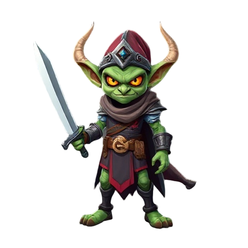 faz um goblin com uma espada cibernética e roupa romana junto de um cinto cibernético