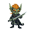 faz um goblin legal que tem um cabelo de cobre os olhos, espada cibernética, roupa de gladiador com um cinto cibernético