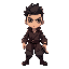 um personagem masculino, com roupas desgastadas com uma pintura de um dragão, olhos azuis, uma katana na cintura