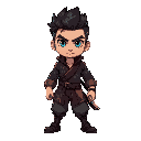 um personagem masculino, com roupas desgastadas com uma pintura de um dragão, olhos azuis, uma katana na cintura