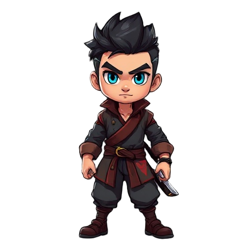 um personagem masculino, com roupas desgastadas com uma pintura de um dragão, olhos azuis, uma katana na cintura