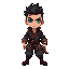 um personagem masculino, com roupas desgastadas com uma pintura de um dragão, olhos azuis, uma katana na cintura