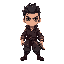 um personagem masculino, com roupas desgastadas com uma pintura de um dragão, olhos azuis, uma katana na cintura