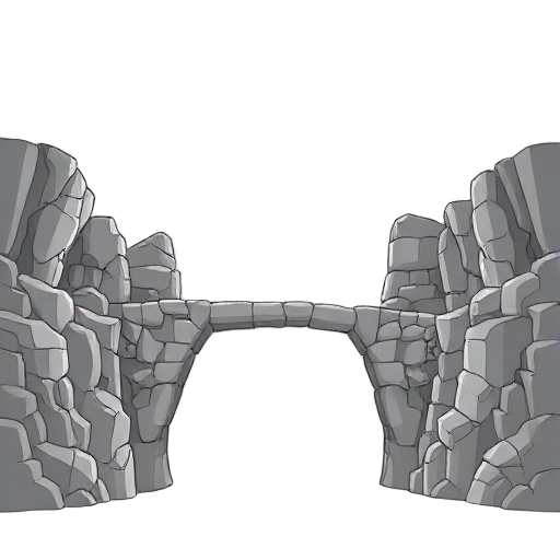 make a collapsed bridge in the interior of an ancient temple, without outline, 3 shades of gray, no black, plateformer