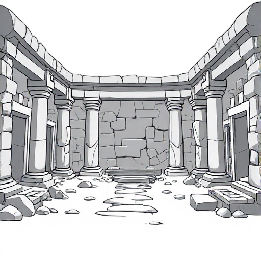 ruins of the interior of an ancient temple, without outline, 4 shades of gray, no black, no perspective, side scroll plateformer