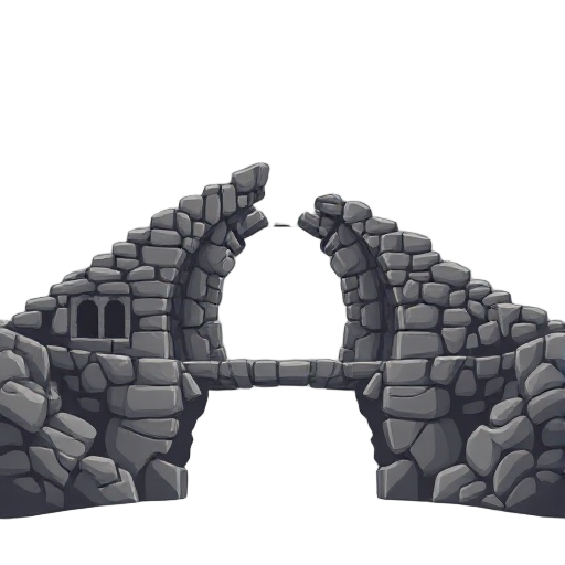 a collapsed bridge for the interior of an ancient temple, without outline, 3 shades of gray, no black, plateformer
