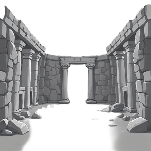 ruins of the interior of an ancient temple, without outline, 4 shades of gray, no black, side scroll plateformer