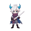 keep original pixel character: white hair, blue horns, scarf, sword. same pose, color, and proportions. no cape, no extra armor. clean pink background.