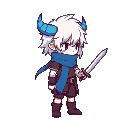 pixel character with white hair, blue horns, blue scarf, holding a sword in right hand, facing right, side view, simple outfit, no cape, no armor.
