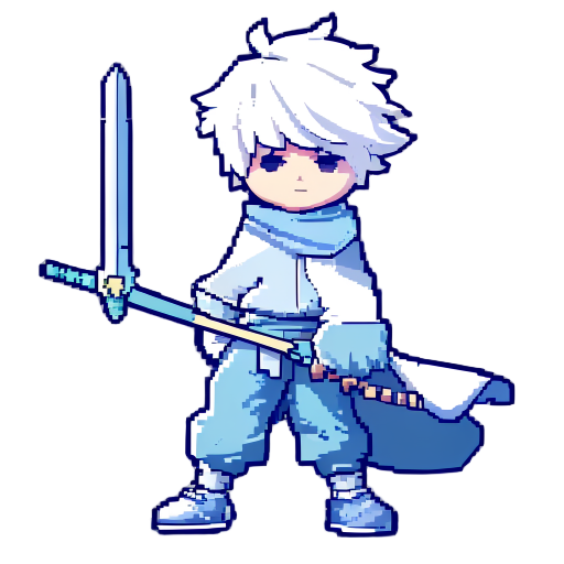 pixel character with white hair, wearing clothes in matching light blue and white tones, holding a unique sword, standing idle facing right, simple colors, no cape, side view.