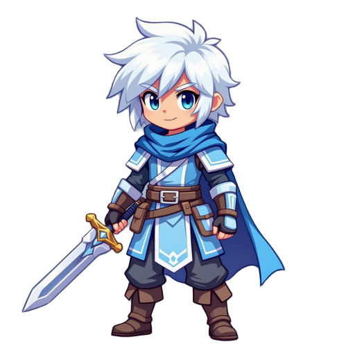 pixel character with white hair, wearing clothes in matching light blue and white tones, holding a unique sword, standing idle facing right, simple colors, no cape, side view.