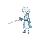 pixel character with white hair, wearing clothes in matching light blue and white tones, holding a unique sword, standing idle facing right, simple colors, no cape, side view.