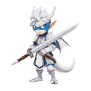 dragon boy, big sword, white armor, wear a blue face mask, white hair, holding a knife, facing to the right