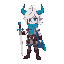 keep original pixel character: white hair, blue horns, scarf, sword. same pose, color, and proportions. no cape, no extra armor. clean pink background.