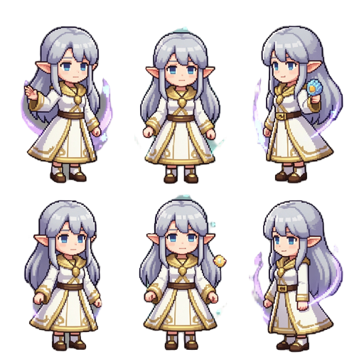 create a detailed pixel art sprite sheet of a fantasy mage girl inspired by frieren, with silver hair, elf ears, white-and-gold mage outfit, calm expression, and magical aura. style: high-quality retro jrpg pixel art, smooth animation frames, clean outlin