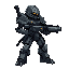 humanoid figure futuristic armored with guncombat pose  aggressive stance  holding weapon  darker accents  hooded head clawed hands it has a complex, mechanical design with articulated limbs and a body suit of various metallic tones side of view