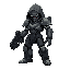humanoid figure futuristic armored with guncombat pose  aggressive stance  holding weapon  darker accents  hooded head clawed hands it has a complex, mechanical design with articulated limbs and a body suit of various metallic tones 