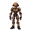 a stylized, digital illustration of a futuristic humanoid figure. the figure is positioned in the center of the image, standing in a dynamic pose. it has a complex, mechanical design, with articulated limbs and a body suit of various metallic tones, inclu