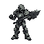 humanoid figure futuristic armored  combat pose  aggressive stance  holding weapon  darker accents  hooded head clawed hands it has a complex, mechanical design with articulated limbs and a body suit of various metallic tones side of view