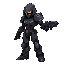 humanoid figure futuristic armored  combat pose   aggressive stance   holding  weapon   darker accents  hooded head clawed hands high-tech it has a complex, mechanical design with articulated limbs and a body suit of various metallic tones including dark 