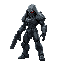 humanoid figure futuristic armored  combat pose   aggressive stance  holding weapon  darker accents  hooded head clawed hands it has a complex, mechanical design with articulated limbs and a body suit of various metallic tones including dark grey side of 