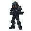 humanoid figure futuristic armored with guncombat pose  aggressive stance  holding weapon  darker accents  hooded head clawed hands it has a complex, mechanical design with articulated limbs and a body suit of various metallic tones side of view