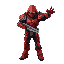 red humanoid figure futuristic armored  combat pose   aggressive stance,  arms outstretched  holding  weapon  reddish-brown darker accents  hooded head clawed hands high-tech