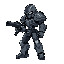 humanoid figure futuristic armored with guncombat pose  aggressive stance  holding weapon  darker accents  hooded head clawed hands it has a complex, mechanical design with articulated limbs and a body suit of various metallic tones side of view