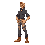 personagem usando calça camuflada blusa preta e botas amarelas 