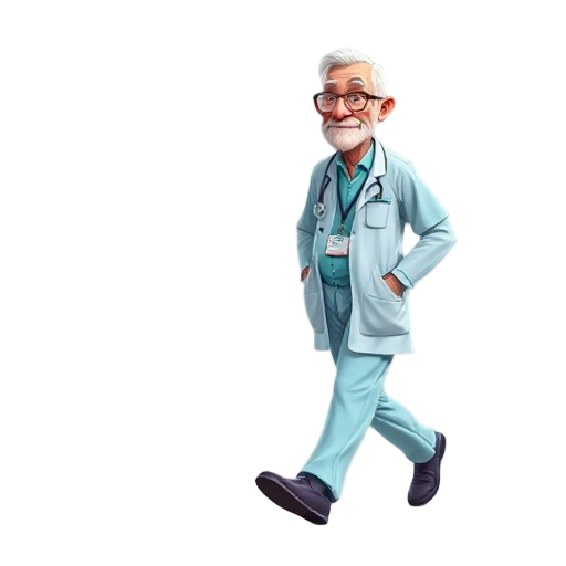 an old bold man walking in hospital suit