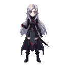 make me a cool woman with long silver hair assassin with mage type and make it pixelated make a t posed