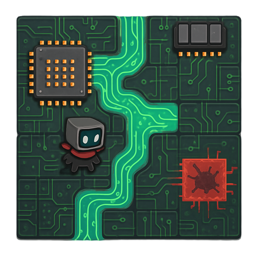 a top-down rogue-like game. the theme is a computer motherboard and digital networks. include a variety of modular tiles: dark floor tiles that look like a motherboard with glowing circuit traces, pathways that look like flowing data streams, obstacles sh