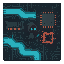 a top-down rogue-like game. the theme is a computer motherboard and digital networks. include a variety of modular tiles: dark floor tiles that look like a motherboard with glowing circuit traces, pathways that look like flowing data streams, obstacles sh