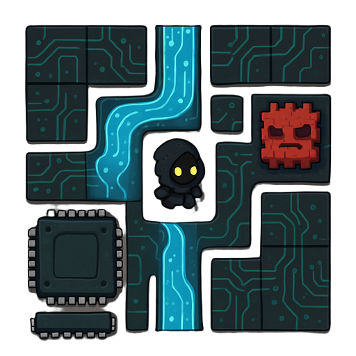 a top-down rogue-like game. the theme is a computer motherboard and digital networks. include a variety of modular tiles: dark floor tiles that look like a motherboard with glowing circuit traces, pathways that look like flowing data streams, obstacles sh