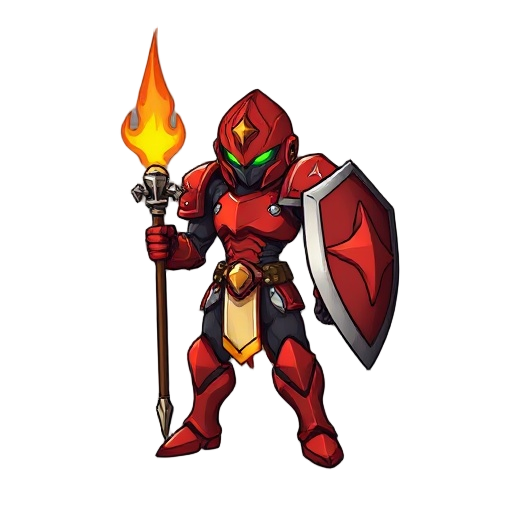 warrior flame, metroidvania, super metroid style, red armored, spear and shield