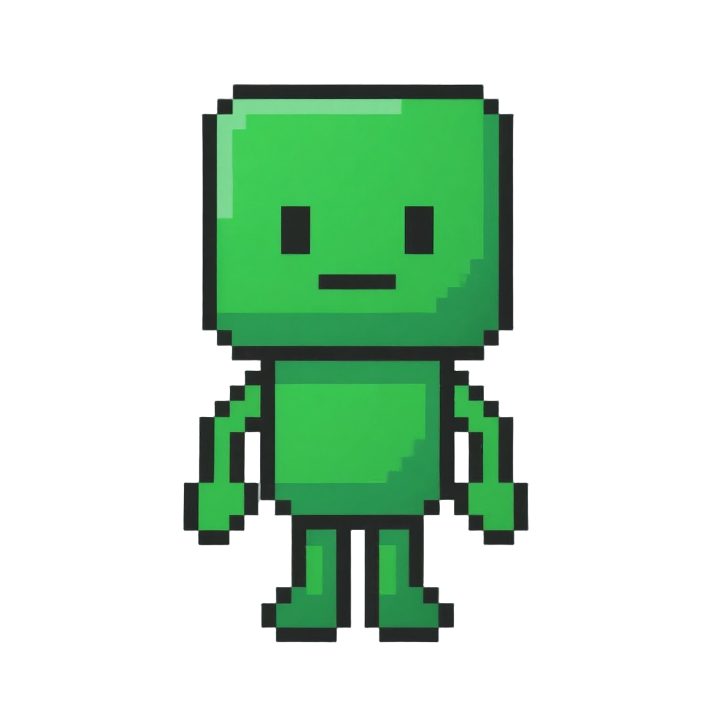 an object that has a body that has a square face, a rectangular horizontal torso, and arms and legs made of 1 pixel. everything has a green gradient and the edges of the textures should be black.