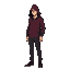 a tall, well-built man in a heavy burgundy hoodie with a hood slightly obscuring his head. his pale mask hides expression, and his pupil-less eyes add mystery. moving with quiet confidence, he drifts