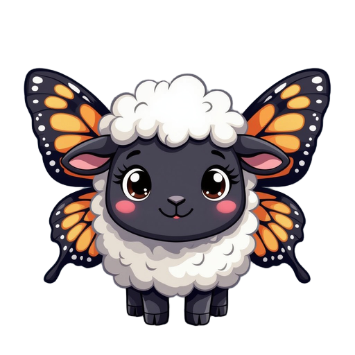 a fluffy sheep's head with black fur, eight white legs, and butterfly wings. its eyes are large and sweet.