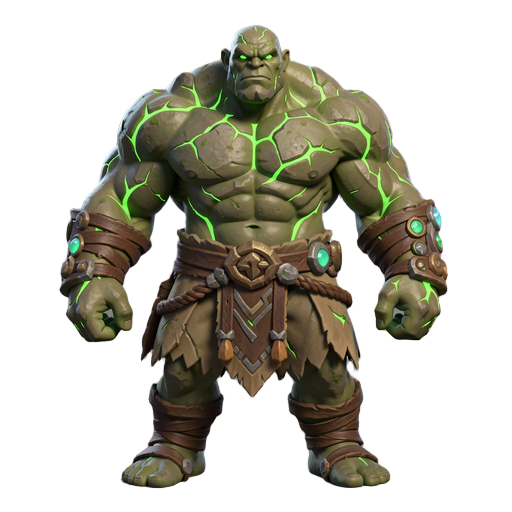 "massive human earth-element warrior, giant muscular bulky body, living mountain appearance, rocky skin texture with glowing green earth energy cracks, ancient earth-tribe pants inspired by avatar-style clothing, leather wraps, stone accessories, powerful