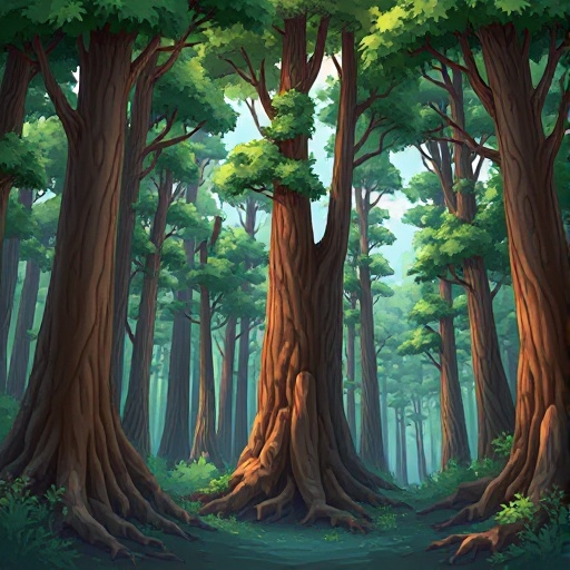 background for a game: a dense yet inviting enchanted forest, with tall trees from exposed roots at the bottom to treetops reaching into an open sky