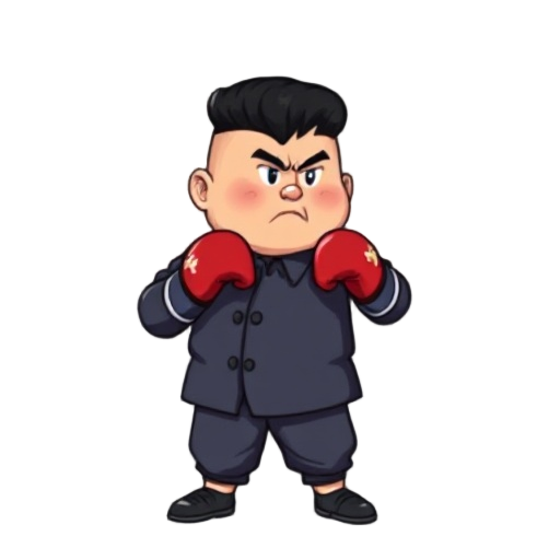create a street fighter like very low pixel character of an angry  kim jong un wearing boxing gloves in a ready to fight pose on the right 