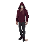 a tall, well-built man in a heavy burgundy hoodie with a hood slightly obscuring his head. his pale mask hides expression, and his pupil-less eyes add mystery. moving with quiet confidence, he drifts